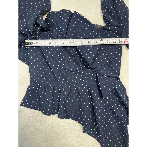 Self-Portrait Navy White Swiss Dot Plumetis Frilled One Shoulder Blouse Top SZ 6 - Picture 7 of 8